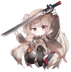 Rule 34 | 1girl, arm up, black thighhighs, braid, brown dress, brown hair, brown jacket, chibi, closed mouth, commentary request, dress, full body, hand up, holding, holding sword, holding weapon, jacket, knee up, kotatu (akaki01aoki00), long hair, long sleeves, no shoes, one side up, open clothes, open jacket, original, red eyes, sheath, simple background, smile, solo, sword, thighhighs, unsheathed, very long hair, weapon, white background