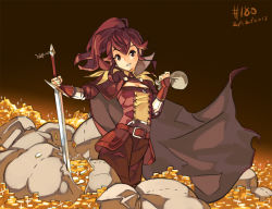 Rule 34 | 1girl, anna (fire emblem), belt, cape, coin, coin purse, european clothes, fire emblem, fire emblem awakening, gold, holding, holding weapon, junkpuyo, looking at viewer, nintendo, red eyes, red hair, smile, solo, solo focus, sword, weapon