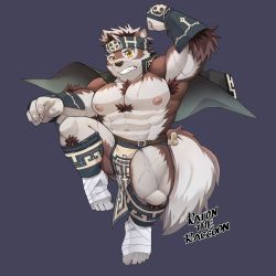 Rule 34 | 1boy, abs, absurdres, ainu, ainu clothes, animal ears, bandaged foot, bandages, bara, bare pectorals, biceps, bulge, chest hair, chibi, full body, furry, furry male, grey fur, grey hair, headband, highres, horkeu kamui, jacket, jacket on shoulders, jumping, large pectorals, male focus, muscular, muscular male, navel, nipples, pectorals, pelvic curtain, ratontheraccoon, scar, scar on chest, scar on leg, short hair, solo, stomach, tail, thick thighs, thighs, tokyo houkago summoners, two-tone fur, vambraces, white fur, wolf boy, wolf ears, wolf tail, yellow eyes