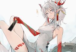 Rule 34 | arknights, braid, china dress, chinese clothes, dress, earrings, highres, horns, jewelry, mikozin, nian (arknights), nian (unfettered freedom) (arknights), official alternate costume, pointy ears, purple eyes, single braid, smile, solo, tattoo, thighs, white background, white hair