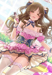 Rule 34 | 1girl, bare shoulders, black panties, blush, breasts, brown hair, choker, cleft of venus, corset, dress, dutch angle, feet out of frame, frilled choker, frilled dress, frills, gloves, gluteal fold, groin, highres, holding, holding microphone, idol clothes, idolmaster, idolmaster cinderella girls, looking at viewer, micro panties, microphone, mk (mod0), neck ribbon, off-shoulder dress, off shoulder, panties, pantyshot, pink dress, ribbon, side-tie panties, small breasts, smile, solo, sweat, takamori aiko, thighhighs, two side up, underwear, wedgie, white gloves, white thighhighs