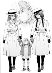 Rule 34 | 3girls, :o, aged down, alternate costume, arms up, bike shorts, buttons, captured alien (meme), coat, double-breasted, earrings, expressionless, facing another, fedora, full body, greyscale, hagyouayumu, hat, highres, holding another&#039;s wrist, hoop earrings, idolmaster, idolmaster shiny colors, izumi mei, jewelry, mayuzumi fuyuko, monochrome, multiple girls, serizawa asahi, shoes, simple background, sleeves past fingers, sleeves past wrists, sneakers, straylight (idolmaster), trench coat, white background, zoom layer