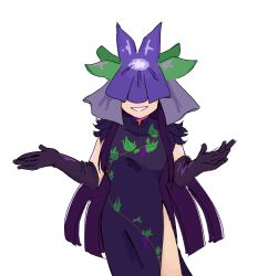 Rule 34 | 1girl, black gloves, black hair, china dress, chinese clothes, cyanidegray, dress, elbow gloves, flower, flower on head, gloves, grape print, highres, long hair, looking at viewer, open mouth, purple dress, purple flower, short sleeves, smile, solo, touhou, unfinished dream of all living ghost, vine print, white background, yomotsu hisami