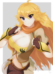 Rule 34 | 1girl, absurdres, blonde hair, breasts, cleavage, female focus, highres, large breasts, long hair, midriff, navel, prof (himyars), rwby, smile, solo, yang xiao long