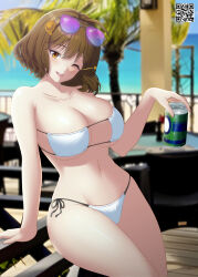 Rule 34 | 1girl, :d, ahoge, anis (nikke), anis (sparkling summer) (nikke), arm support, bare shoulders, beach, bikini, blurry, breasts, brown hair, can, cleavage, depth of field, drink can, eyewear on head, goddess of victory: nikke, highres, holding, holding can, jewelry, large breasts, light brown hair, looking at viewer, lukmanscootkenn, mask bikini, necklace, ocean, official alternate costume, one eye closed, open mouth, pink-tinted eyewear, qr code, short hair, side-tie bikini bottom, smile, soda can, solo, string bikini, sunglasses, swimsuit, tinted eyewear, white bikini, yellow eyes