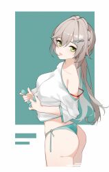 Rule 34 | 1girl, alternate costume, ass, breasts, collarbone, cropped legs, from side, green background, green eyes, green panties, green trim, grey hair, hair ornament, hairclip, highres, holding, holding mahjong tile, honkai: star rail, honkai (series), inniyik, long hair, looking at viewer, mahjong, mahjong tile, medium breasts, open mouth, panties, qingque (honkai: star rail), shirt, side-tie panties, sidelocks, single off shoulder, solo, underwear, white background, white shirt