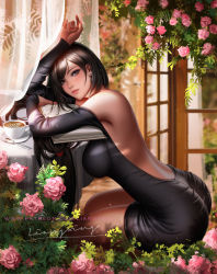 Rule 34 | 1girl, arms on table, artist name, asymmetrical bangs, backless dress, backless outfit, bare shoulders, black dress, black hair, book, breasts, brown eyes, brown pantyhose, bush, coffee, commentary, cup, dress, drop earrings, earrings, final fantasy, final fantasy vii, final fantasy vii remake, flower, from side, head rest, highres, jewelry, large breasts, liang xing, lips, long hair, long sleeves, looking at viewer, low-tied long hair, mug, open book, pantyhose, parted lips, patreon username, pink flower, plate, red eyes, sideboob, signature, simple background, sitting, solo, spoon, square enix, tifa lockhart