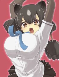 Rule 34 | 10s, 1girl, animal ears, arched back, attack, bear ears, paw stick, black hair, black skirt, blue bow, blue bowtie, bouncing breasts, bow, bowtie, breasts, brown bear (kemono friends), brown eyes, fang, kemono friends, large breasts, miniskirt, murata tefu, open mouth, pleated skirt, red background, shirt, short hair, simple background, skirt, solo, upper body, weapon, white shirt