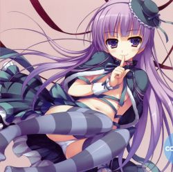 Rule 34 | 1girl, blush, capelet, censored, convenient censoring, feet, flat chest, hat, lolita fashion, long hair, midriff, navel, no shoes, panties, pantyshot, purple eyes, purple hair, simple background, skirt, smile, solo, striped clothes, striped thighhighs, thighhighs, tomose shunsaku, underwear, upskirt, zettai ryouiki