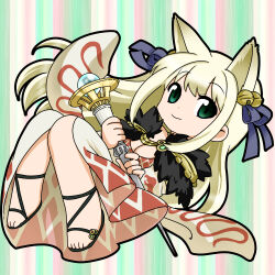 Rule 34 | 1girl, animal ears, argyle, argyle clothes, argyle dress, bell, black footwear, blonde hair, blue ribbon, breasts, chibi, cleavage, closed mouth, commentary request, detached sleeves, dress, fox ears, full body, fur collar, green background, green eyes, hair bell, hair ornament, hair ribbon, highres, holding, holding staff, iwaserie, jingle bell, long hair, looking at viewer, medium breasts, ragnarok online, ribbon, sandals, smile, solo, sorcerer (ragnarok online), staff, striped, striped background, white dress, white sleeves