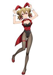 Rule 34 | 1girl, animal ears, artist request, bow, bowtie, detached collar, fake animal ears, fake tail, female focus, fishnet pantyhose, fishnets, full body, high heels, highres, leotard, looking at viewer, official art, pantyhose, playboy bunny, rabbit ears, rabbit tail, silica, simple background, solo, strapless, strapless leotard, sword art online, tail, white background