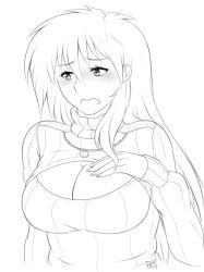 Rule 34 | 1girl, blush, breasts, cleavage, cleavage cutout, clothing cutout, kira (r-a-1), large breasts, long hair, meme attire, monochrome, open-chest sweater, open mouth, r-a-1, ribbed sweater, solo, sweater, turtleneck
