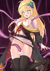 Rule 34 | 1girl, belt, between thighs, black robe, black thighhighs, blonde hair, blue eyes, blush, breasts, brown footwear, clothes lift, clothes pull, commentary request, commission, food, food-themed hair ornament, fruit, grape hair ornament, grapes, grinding, groin, hair ornament, highres, interspecies, iris (konosuba), issyu kann, kneeling, knees together feet apart, kono subarashii sekai ni shukufuku wo!, long hair, necktie, nipples, no pants, off shoulder, open mouth, panties, panty pull, pink shirt, pixiv commission, pulling another&#039;s clothes, pussy, rape, robe, shirt, shirt lift, shoes, small breasts, striped necktie, tentacles, thigh gap, thighhighs, thighs, torn clothes, torn shirt, trembling, underwear, white panties