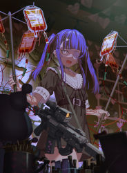 Rule 34 | 1girl, absurdres, assault rifle, black dress, black nails, blood, blood bag, blue hair, blurry, blurry background, character hair ornament, commentary request, cross, cross earrings, cross hair ornament, depth of field, dress, ear piercing, earrings, eyepatch, frilled sailor collar, frills, grey eyes, gun, hair ornament, heckler & koch, heckler &amp; koch, highres, hironii (hirofactory), hk416, indoors, jewelry, kuromi, long hair, looking at viewer, medical eyepatch, nail polish, onegai my melody, open mouth, original, piercing, puffy short sleeves, puffy sleeves, rifle, sailor collar, sailor dress, sanrio, short sleeves, solo, twintails, weapon, white sailor collar, yami kawaii
