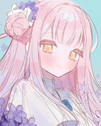 Rule 34 | 1girl, ati o3o, blue archive, blue background, blush, capelet, closed mouth, commentary, flower, hair between eyes, hair bun, hair ornament, hair scrunchie, highres, long hair, looking at viewer, mika (blue archive), pink hair, purple flower, school uniform, scrunchie, side bun, simple background, single side bun, sketch, solo, white capelet, yellow eyes