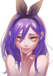 Rule 34 | 1girl, bow, deme (karesuki), female focus, hair bow, highres, long hair, looking at viewer, portrait, purple hair, smile, solo, stacia (unlight), topless frame, unlight, white background, yellow eyes