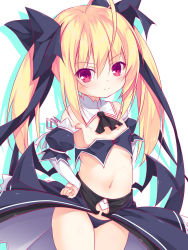 Rule 34 | 1girl, ahoge, ascot, bare shoulders, black ascot, black bow, blonde hair, bow, breasts, closed mouth, collar, colored shadow, commentary request, detached collar, detached sleeves, drop shadow, hair between eyes, hair bow, hand on own hip, highres, layered sleeves, long hair, long sleeves, looking at viewer, navel, original, puffy short sleeves, puffy sleeves, red eyes, revealing clothes, ribbon, shadow, short over long sleeves, short sleeves, sidelocks, sleeves past wrists, small breasts, smile, solo, twintails, very long hair, white background, white collar, white ribbon, yuku (kiollion)