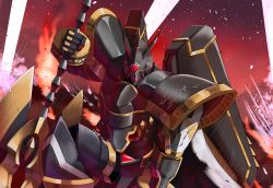 Rule 34 | alphamon, alphamon ouryuken, armor, artist name, broken armor, cape, commentary, crack, digimon, digimon (creature), eye trail, holding, holding sword, holding weapon, horns, light trail, looking at viewer, mecha, no humans, one eye covered, on one knee, outdoors, oversized object, red eyes, robot, ryo@, solo, sword, torn cape, torn clothes, weapon, white cape