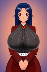 Rule 34 | 1girl, akiranime, belt, belt buckle, black hair, black shirt, breasts, brooch, buckle, bursting breasts, buttons, cleavage, commission, covered erect nipples, crossed arms, eyelashes, female focus, formal, gradient background, highres, huge breasts, jacket, jewelry, long hair, long sleeves, looking at viewer, nipples, original, own hands together, pants, purple stripe, red brooch, red eyes, red pants, red suit, shiny clothes, shiny skin, shirt, smile, solo, standing, striped clothes, striped shirt, suit, tagme, tight clothes, tight shirt, v arms, white belt, wide hips