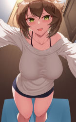 Rule 34 | 1girl, alternate costume, black shorts, breasts, brown hair, flipped hair, from above, green eyes, highres, indoors, kantai collection, large breasts, long sleeves, looking at viewer, mutsu (kancolle), reaching, reaching towards viewer, shirt, short hair, short shorts, shorts, smile, solo, utsumi karmin, white shirt