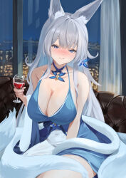 Rule 34 | 1girl, absurdres, animal ear fluff, animal ears, azur lane, blue collar, blue dress, breasts, cleavage, collar, cupping glass, dress, feather boa, fox ears, halter dress, halterneck, highres, kitsune, kyuubi, large breasts, large tail, long hair, looking at viewer, multiple tails, official alternate costume, remapack77, shinano (azur lane), shinano (dreams of the hazy moon) (azur lane), tail, white tail, wrist flower