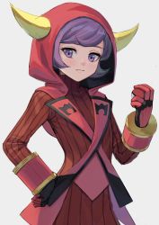 Rule 34 | 1girl, black gloves, blush, commentary request, courtney (pokemon), creatures (company), fagi (kakikaki), fake horns, game freak, gloves, grey background, hood, hoodie, horned headwear, horns, looking at viewer, nintendo, pokemon, pokemon oras, purple eyes, purple hair, red gloves, ribbed sweater, short hair, simple background, solo, striped clothes, striped sweater, sweater, team magma, team magma uniform