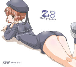 Rule 34 | 10s, 1girl, ass, beret, blush, bottomless, brown eyes, brown hair, character name, clothes writing, elbow rest, hat, jack (slaintheva), kantai collection, leg up, long sleeves, lying, military, military uniform, on stomach, sailor collar, sailor hat, shadow, short hair, simple background, solo, twitter username, uniform, white background, z3 max schultz (kancolle)