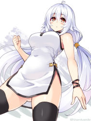 Rule 34 | 1girl, ahoge, black thighhighs, breasts, brown eyes, covered navel, cu-no, dress, dutch angle, from below, gluteal fold, hair between eyes, hisen kaede, large breasts, looking at viewer, low twintails, rapua qive, short dress, side slit, silver hair, solo, thighhighs, twintails, white dress, wristband