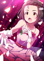 Rule 34 | 1girl, bare shoulders, braid, brown hair, commentary request, dress, flower, gloves, hair flower, hair ornament, hand on own chest, idolmaster, idolmaster cinderella girls, jewelry, natsumi akira, necklace, open mouth, outstretched arm, pearl necklace, short hair, solo, sparkle, white gloves, yanase miyuki, yellow eyes