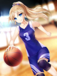 Rule 34 | 1girl, bad id, bad pixiv id, ball, basketball, basketball (object), basketball court, basketball jersey, basketball uniform, blonde hair, blue eyes, blue shirt, blue shorts, blurry, blurry background, bow, collarbone, commission, cross, cross necklace, floating hair, gigamessy, hair between eyes, hair bow, high ponytail, jewelry, knee pads, long hair, necklace, original, parted lips, ponytail, purple bow, shirt, shorts, sleeveless, sleeveless shirt, smile, solo, sportswear, very long hair