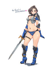 Rule 34 | 1girl, armor, boots, carina (xiaowoo), full body, high heel boots, high heels, highres, holding, holding sword, holding weapon, kishi mieko, original, pauldrons, shoulder armor, simple background, single hair intake, single pauldron, sword, tagme, thigh strap, weapon, white background