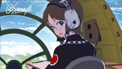 Rule 34 | 1girl, airplane interior, black dress, blue sky, brown eyes, brown hair, chain, clipboard, cloud, cloudy sky, commentary, day, dress, emblem, girls und panzer, glasses, headset, highres, holding, holding clipboard, judge, long sleeves, one-hour drawing challenge, open mouth, round eyewear, sasagawa kanon, shinmai (kyata), short hair, sitting, sky, smile, solo, twitter username, uniform, vehicle interior