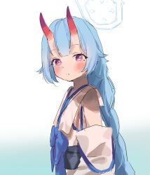 Rule 34 | 1girl, absurdres, blue archive, blue hair, blush, braid, chise (blue archive), detached sleeves, flower, hair between eyes, hair flower, hair ornament, halo, highres, horns, japanese clothes, long hair, long sleeves, looking at viewer, low twin braids, night, nonoa, open mouth, solo, twin braids
