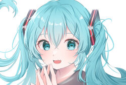Rule 34 | 1girl, aqua eyes, aqua hair, blush, commentary, fang, floating hair, hair between eyes, hair ornament, hatsune miku, heart, heart-shaped pupils, highres, long hair, looking at viewer, mokoinu (pixiv 27216243), open mouth, own hands together, portrait, simple background, skin fang, smile, solo, steepled fingers, symbol-shaped pupils, twintails, very long hair, vocaloid, white background