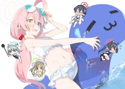 Rule 34 | adjusting eyewear, ahoge, akinashi yuu, ayane (blue archive), ayane (swimsuit) (blue archive), bikini, blue-tinted eyewear, blue archive, blue eyes, blush, chibi, chibi inset, eyewear on head, fang, flying sweatdrops, frilled bikini, frills, hair between eyes, hair bobbles, hair ornament, halo, heterochromia, hoshino (blue archive), hoshino (swimsuit) (blue archive), inflatable toy, long hair, looking at viewer, low twintails, midriff, navel, nonomi (blue archive), nonomi (swimsuit) (blue archive), open mouth, orange eyes, pink hair, serika (blue archive), serika (swimsuit) (blue archive), shiroko (blue archive), shiroko (swimsuit) (blue archive), simple background, skin fang, smile, solo focus, swimsuit, tinted eyewear, twintails, water, white-framed eyewear, white background, white bikini