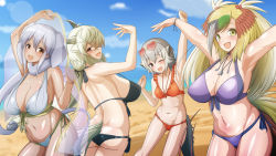 Rule 34 | 4girls, :d, ;d, animal ears, arm up, armpits, arms up, ass, back, beach, bikini, bird tail, bird wings, black hair, blonde hair, breasts, brown eyes, cleavage, day, elephant ears, elephant tail, extra ears, eyewear on head, frilled bikini, frills, front-tie bikini top, front-tie top, greater bird-of-paradise (kemono friends), green hair, grey hair, grey horns, hair between eyes, hair over one eye, hair ribbon, hand up, head wings, heart, heart-shaped eyewear, height difference, highres, horns, huge breasts, indian elephant (kemono friends), kemono friends, large breasts, long hair, looking at viewer, lowleg, lowleg bikini, meerkat (kemono friends), meerkat ears, meerkat tail, morimasakazu, multicolored hair, multiple girls, navel, ocean, one eye closed, open mouth, outdoors, outstretched arm, outstretched arms, ox ears, ox girl, ox horns, ribbon, sand, scarf, shawl, shiny skin, side-tie bikini bottom, side-tie bottom, sideboob, sidelocks, skindentation, small breasts, smile, stomach, strap gap, sunglasses, sweat, swimsuit, tail, tan, very long hair, water, wings, yak (kemono friends), yellow eyes