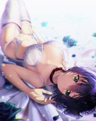 Rule 34 | 1girl, bad id, bad twitter id, bare arms, bare shoulders, bed sheet, black hair, blurry, bra, breasts, choker, cleavage, collarbone, commentary, depth of field, flower, fujiya takao, garter belt, green eyes, hair between eyes, highres, kusunoki suzu, large breasts, lingerie, looking at viewer, lying, navel, on back, original, panties, parted lips, petals, revision, rose, short hair, solo, stomach, strap gap, thighhighs, underwear, underwear only, white bra, white panties, white thighhighs