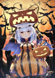 Rule 34 | 1girl, arknights, arms up, bare tree, bat (animal), bat hair ornament, black gloves, bow, breasts, brown eyes, candy, candy cane, candy wrapper, cape, chahei, commentary request, dress, elbow gloves, food, gloves, glowing, hair ornament, halloween bucket, highres, jack-o&#039;-lantern, lollipop, looking at viewer, orange dress, owl ears, parted lips, ptilopsis (arknights), pumpkin hat, purple bow, purple cape, silver hair, sleeveless, sleeveless dress, small breasts, solo, striped clothes, striped dress, striped gloves, swirl lollipop, tree, vertical-striped clothes, vertical-striped dress