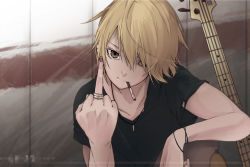 Rule 34 | 1girl, bass guitar, blonde hair, brown eyes, cigarette, hair over one eye, instrument, jewelry, middle finger, mouth hold, original, ring, solo, tokiti