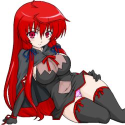 Rule 34 | 1girl, bell zephyr, bell zephyr (cosplay), breasts, cape, cleavage, cosplay, elbow gloves, gloves, himuro akari, large breasts, lowres, night wizard, oekaki, panties, red eyes, red hair, solo, striped clothes, striped panties, thighhighs, underwear