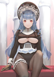 Rule 34 | 1girl, azur lane, black dress, black gloves, black pantyhose, blue hair, breasts, clothing cutout, cross, cross necklace, dress, gloves, jewelry, long hair, looking at viewer, maid headdress, marco polo (azur lane), marco polo (the queen of hearts) (azur lane), medium breasts, necklace, official alternate costume, olin (nienxddd), pantyhose, red eyes, sitting, thigh strap, underboob, underboob cutout