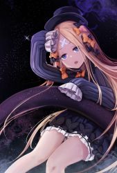Rule 34 | 1girl, abigail williams (fate), anizi, bare legs, black bow, black hat, blonde hair, blue eyes, blush, bow, commentary request, dark background, dot nose, dress, fate/grand order, fate (series), hair bow, hat, highres, long hair, long sleeves, looking at viewer, open mouth, orange bow, parted bangs, polka dot, polka dot bow, sleeves past fingers, sleeves past wrists, solo, striped clothes, striped dress, very long hair