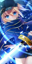 Rule 34 | 1girl, artoria pendragon (fate), black shorts, blonde hair, blue eyes, blue jacket, blue scarf, fate/grand order, fate (series), hair between eyes, holding, holding sword, holding weapon, jacket, matsuya9022, mysterious heroine x (fate), petals, ponytail, saber (fate), scarf, scarf over mouth, short hair with long locks, short shorts, shorts, sidelocks, solo, standing, sword, visor cap, weapon