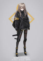 Rule 34 | 1girl, absurdres, ankle boots, bag, black footwear, black gloves, black pantyhose, boots, brown eyes, chinese commentary, closed mouth, collar, commentary request, copyright name, english text, fingerless gloves, frown, full body, german flag, germany, girls&#039; frontline, gloves, grey background, grey hair, gun, h&amp;k ump, h&amp;k ump, hair between eyes, hair ornament, highres, holding, holding gun, holding weapon, jacket, knee pads, long hair, long sleeves, looking at viewer, official alternate costume, one side up, pantyhose, scar, scar across eye, scar on face, scope, shadow, shoelaces, simple background, solo, standing, submachine gun, suppressor, thigh strap, trigger discipline, umi okami kun, ump45 (girls&#039; frontline), ump45 (winter journey) (girls&#039; frontline), uniform, weapon