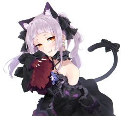 Rule 34 | 1girl, animal ear fluff, animal ears, bad id, bad pixiv id, black dress, black sleeves, blunt bangs, bow, bowtie, brooch, cat ears, cat girl, cat tail, center frills, collarbone, cowboy shot, criss-cross halter, detached sleeves, dress, dress bow, flat chest, frilled dress, frilled ribbon, frilled shirt collar, frills, gothic lolita, hair ribbon, halter dress, halterneck, highres, hololive, jewelry, juliet sleeves, layered dress, leaning forward, lolita fashion, long hair, long sleeves, looking at viewer, murasaki shion, murasaki shion (gothic lolita), ojou-sama pose, puffy sleeves, ribbon, short eyebrows, sidelocks, silver hair, simple background, sleeveless, sleeveless dress, smug, solo, star (symbol), striped, tail, tail bow, tail ornament, toto (kuro toto), twintails, vertical stripes, virtual youtuber, white background, wide sleeves, yellow eyes