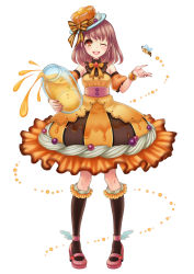 Rule 34 | 1girl, ;d, absurdres, anklet, bee, bow, brown hair, brown socks, bug, butter, dress, food, food-themed clothes, frilled dress, frills, fruit, hat, hat bow, highres, honey, insect, jewelry, kneehighs, looking at viewer, morinaga (brand), nahori, nail polish, one eye closed, open mouth, pancake, personification, pink footwear, red nails, shoes, smile, socks, solo, standing, strawberry, striped, striped bow, whipped cream, wrist cuffs, yellow dress
