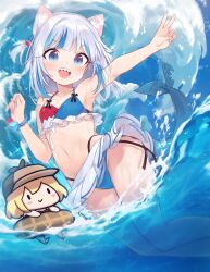 Rule 34 | 2girls, alternate costume, armpits, blonde hair, blue eyes, blue hair, blue sky, bracelet, breasts, chibi, fangs, feet out of frame, gawr gura, highres, hololive, hololive english, jewelry, lifebuoy, long hair, multicolored hair, multiple girls, navel, ocean, open mouth, pearl bracelet, sankyaku tako, side ponytail, skirt, sky, small breasts, smile, smol ame, swim ring, swimsuit, tail, teeth, two-tone hair, upper teeth only, v, virtual youtuber, water, watson amelia, waves, white hair