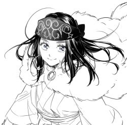 Rule 34 | 1girl, ainu, ainu clothes, asirpa, blue eyes, cloak, closed mouth, commentary request, earrings, floating hair, from above, fur cloak, golden kamuy, greyscale, headband, highres, hoop earrings, jewelry, long hair, long sleeves, monochrome, ran (ran 0605), smile, solo, upper body