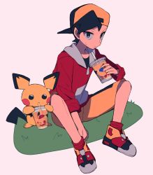 Rule 34 | 1boy, backwards hat, black hair, black shirt, closed mouth, creatures (company), cup, disposable cup, drinking straw, ethan (pokemon), game freak, gen 2 pokemon, grass, grey eyes, hand up, hat, highres, holding, jacket, male focus, nintendo, pichu, pokemon, pokemon (creature), pokemon gsc, red jacket, red socks, shirt, shoes, short hair, shorts, sitting, sleeves rolled up, socks, sweatdrop, tyako 089, yellow shorts, zipper pull tab