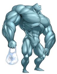 Rule 34 | 1boy, 2channel, :3, abs, animal ears, bag, blue theme, cat ears, character request, male focus, monochrome, muscular, pectorals, shoboon, shopping bag, solo, spacezin, thick thighs, thighs, transparent background
